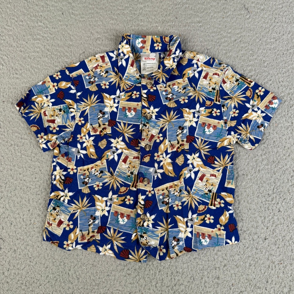 Disney Shirt Unisex 18-24M Blue Mickey Mouse Aloha Tropical Rayon Button Up